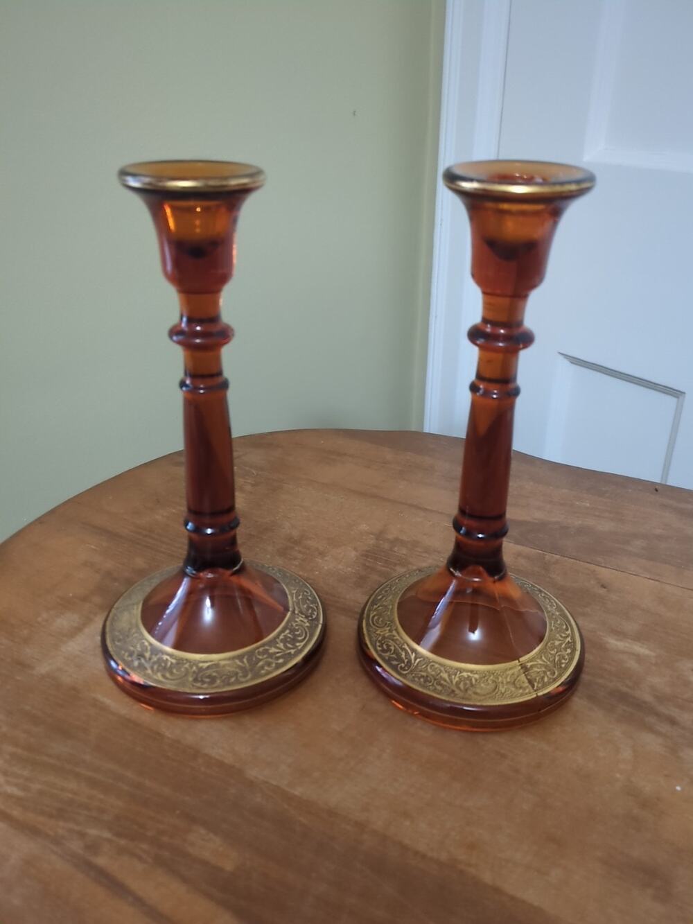 Cambridge No 437 Amber Candlesticks With Gold Detailing